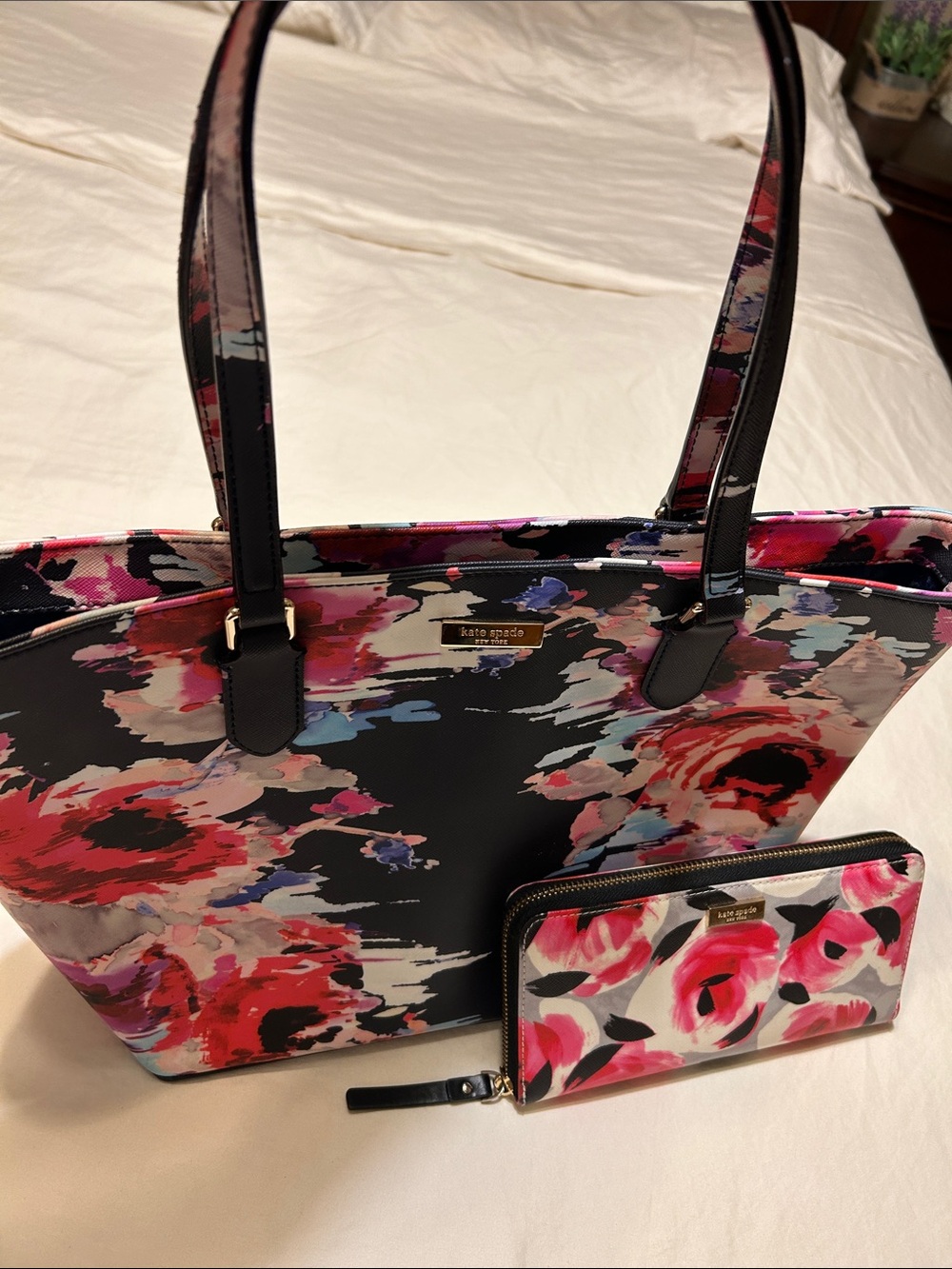 kate spade Black Floral Tote with Matching Wallet - Pink & Red Floral